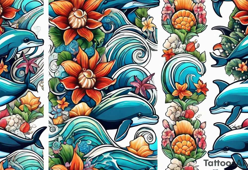 Arm sleeve with dolphins sea shells flowers and sea turtles intertwined in ocean waves tattoo idea