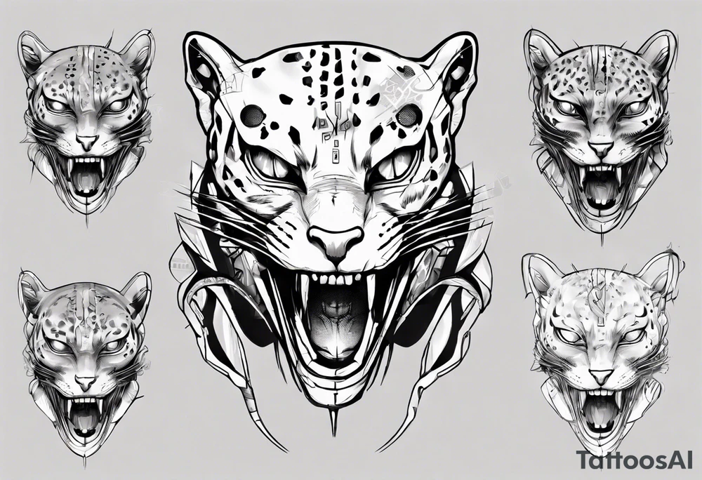 cybernetic ocelot full body teeth showing tattoo idea