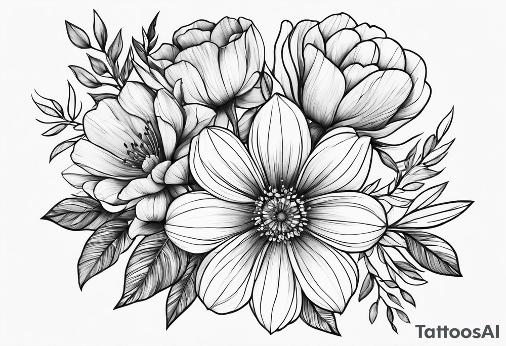 Flower bouquet with 5 flowers skinny tattoo idea