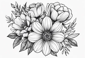 Flower bouquet with 5 flowers skinny tattoo idea