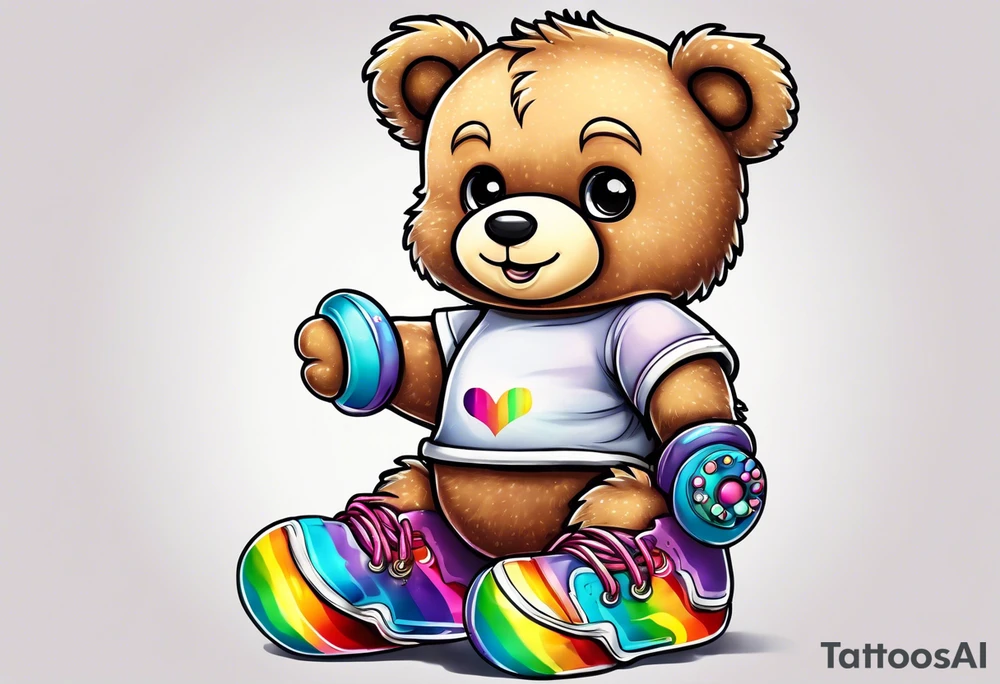 a teddy bear, wearing cute, pastel rainbow rollerskates tattoo idea