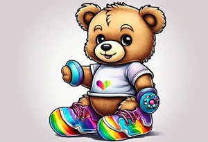 a teddy bear, wearing cute, pastel rainbow rollerskates tattoo idea