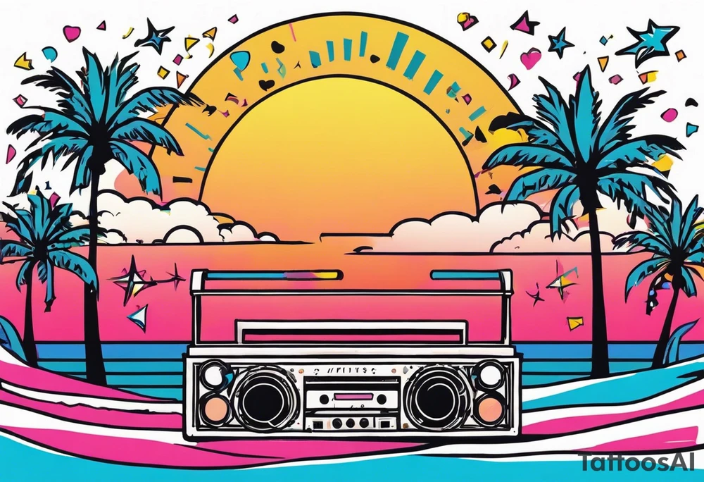 1980's miami vice style beach dance 
party, include confetti, music notes, boom box, bikinis sunset in the center tattoo idea
