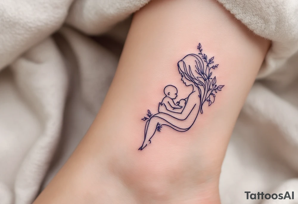 A minimalist outline of a mother breastfeeding her baby in soft lavender ink celebrates nurturing love. tattoo idea