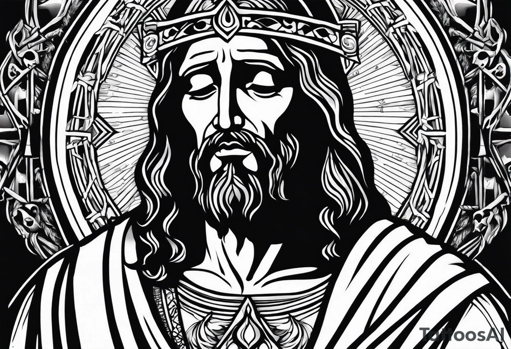 Jesus crying 3 tears one small one medium and one large in the large tear there is the god of death and all around the 3 year drops there is skeletons and dead people tattoo idea