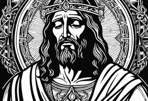 Jesus crying 3 tears one small one medium and one large in the large tear there is the god of death and all around the 3 year drops there is skeletons and dead people tattoo idea