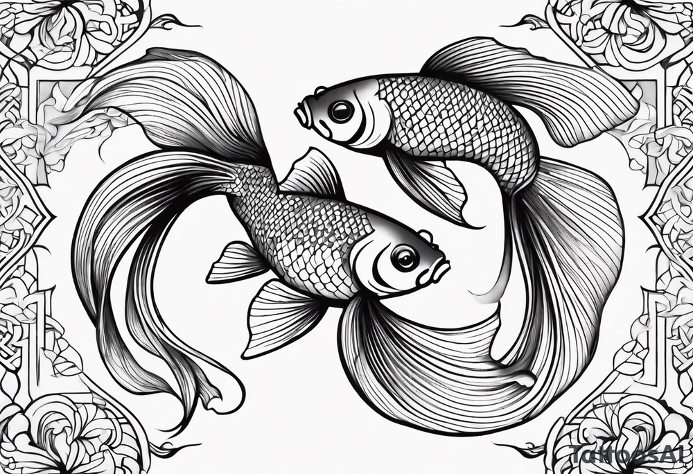 Design a small tattoo featuring a pair of goldfish intertwined, symbolizing harmony and companionship in a flowing design tattoo idea