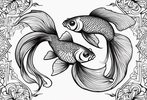 Design a small tattoo featuring a pair of goldfish intertwined, symbolizing harmony and companionship in a flowing design tattoo idea