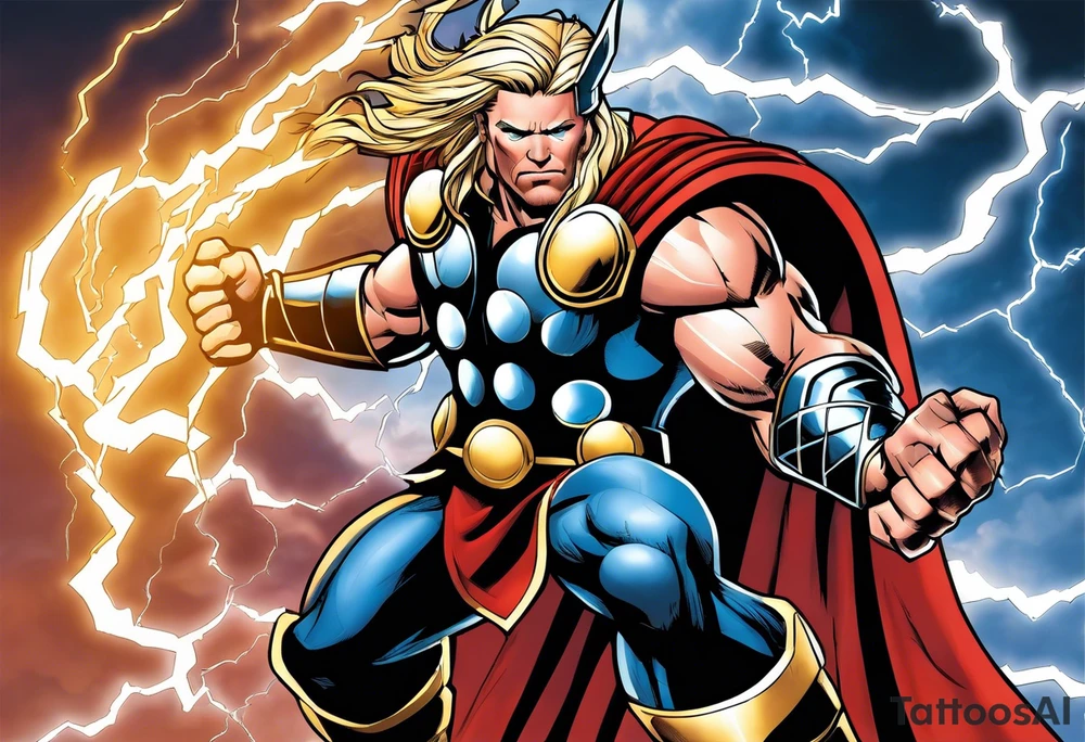 The Mighty Thor  with lightning in the background tattoo idea