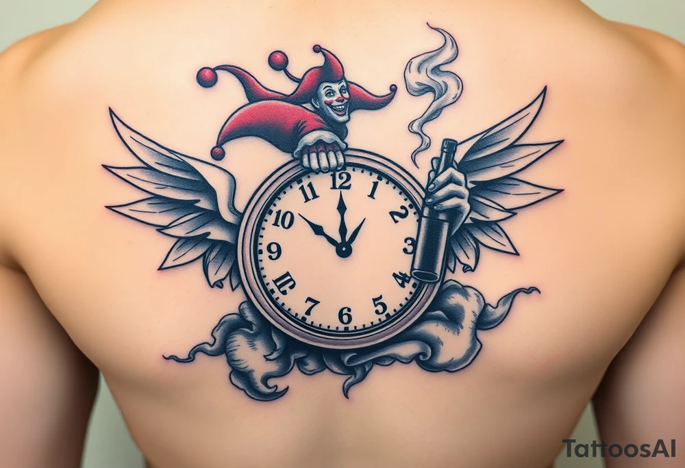 a jester clown floating in smoke with a  clock, the time says 420,  with two open wings besides the clock, smoke as the spring rising from the clock, a jester clown coming out the smoke, smoking in one hand with a liquor bottle on the other hand tattoo idea