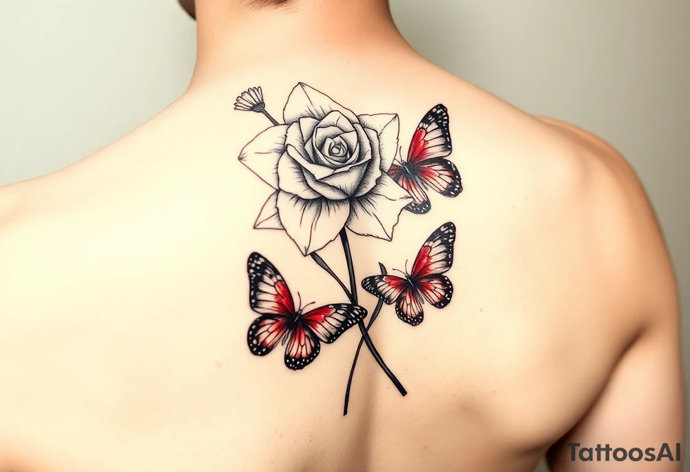 Rose and daffodil with 2 red butterflies one larger than other female tattoo on shoulder/chest tattoo idea