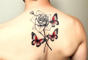 Rose and daffodil with 2 red butterflies one larger than other female tattoo on shoulder/chest tattoo idea