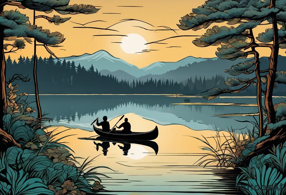 The tattoo design depicts a serene nature scene, framed within a semi-circular border. In the foreground, there are two people sitting in a canoe on a calm lake. They are paddling towards the horizon, with one person sitting at the back of the canoe and the other at the front. The back view of the people suggests a peaceful and contemplative moment shared between them.

In the background, there are majestic mountains with peaks covered in snow, creating a dramatic and picturesque landscape. The mountains are flanked by tall pine trees on either side, adding to the wilderness feel of the scene. Above the mountains, a large sun is either rising or setting, casting a tranquil glow over the entire scene. Birds are flying in the sky, adding to the sense of freedom and natural beauty.

The entire scene is rendered in a minimalist, black and white, line-drawing style, giving it a clean and elegant appearance. The semi-circular frame around the design focuses attention on the central elements and adds a sense of completeness to the image. black and white tattoo idea