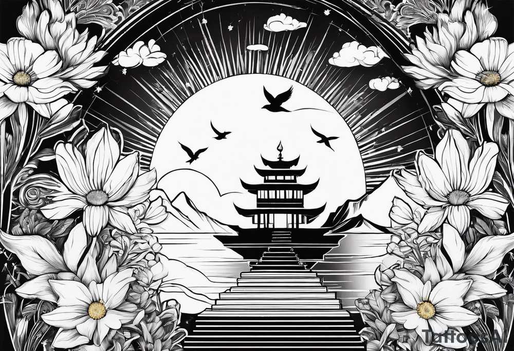 AUM symbol, flying 
sparrow, sunrays, staircase, cosmos, iris, daisy tattoo idea