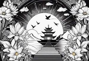 AUM symbol, flying 
sparrow, sunrays, staircase, cosmos, iris, daisy tattoo idea
