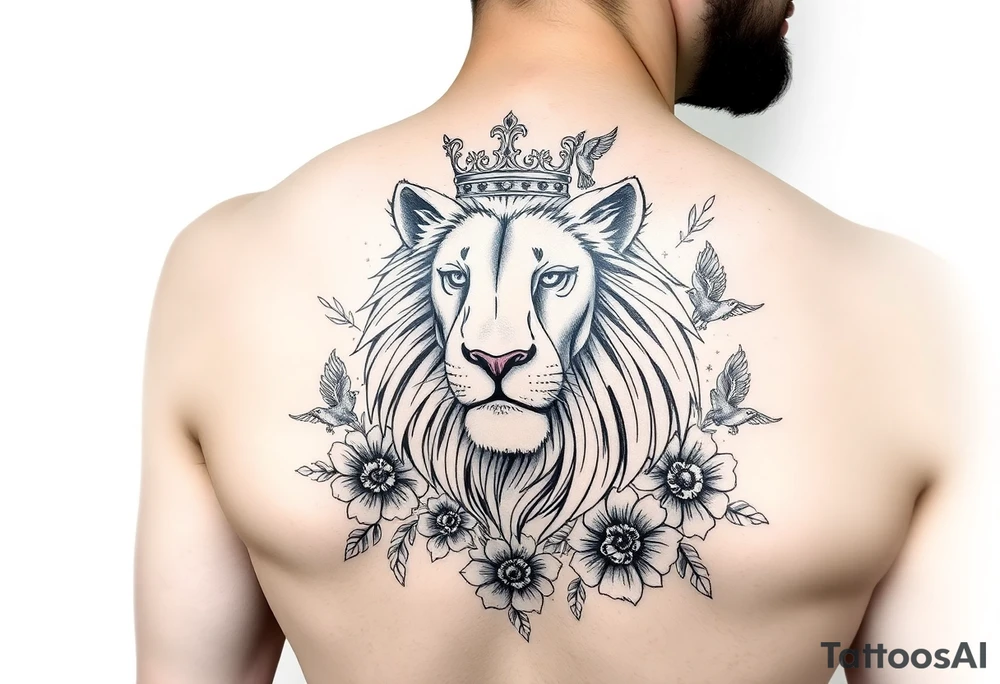 powerful majestic lion with a crown, surrounded by floral ornaments and birds tattoo idea