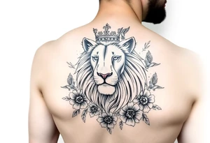 powerful majestic lion with a crown, surrounded by floral ornaments and birds tattoo idea