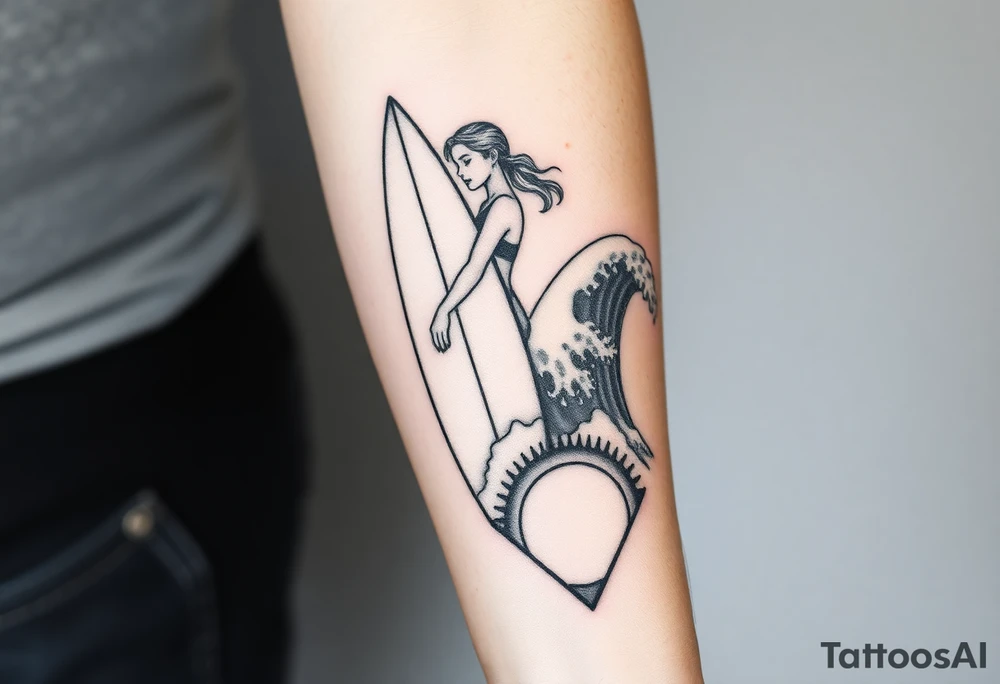 New school geometrical concept tattoo with the girl holding surfboard in a vertical position her face is turned 60 degrees to out side, the bottom part of a body is showed, on the right side of a tattoo is the realistic wave closed in a frame. And the bottom of a taro is a palenesiab sun. Link the objects based on new school geometry tattoos. tattoo idea