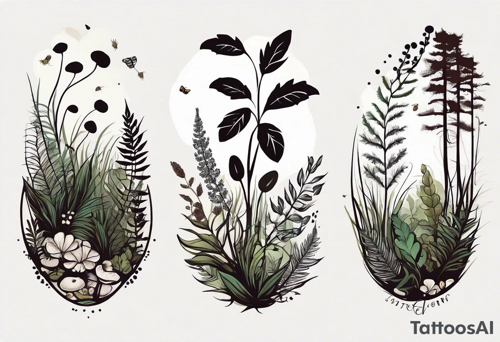 forest floor inspired minimalist tattoo, which includes grass, curly ferns, moss and dead leaves as the bulk of the tattoo. details to include: forest berries, a tiny bumblebee flying nearby, three small brown mushrooms
Generate a vertically long one tattoo idea