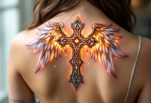 A majestic Celtic cross with angel wings unfolding behind it, glowing with golden light and white feathers. tattoo idea