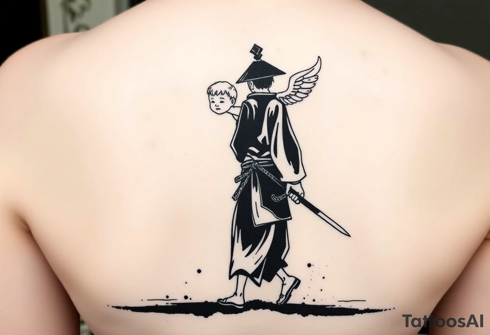 "Blackwork tattoo sketch of a lone samurai walking forward, shown in dramatic silhouette style. The samurai wears traditional kimono and hakama, holding a katana in one hand with the blade pointing downward. Behind him floats a small child angel with detailed feathered wings, gently touching the samurai’s back with one hand, as if stopping or guiding him. Strong contrast, dynamic ink splatter, rough brush strokes, Japanese sumi-e vibe, emotional and symbolic composition, high detail linework, no background." tattoo idea