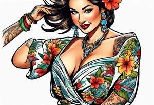 Old School Tattoo Style, Hula Girl dancing, full body, white background --no skin tattoo idea