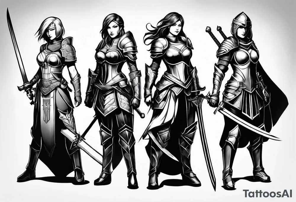 3 female warriors in full body armor wielding swords tattoo idea