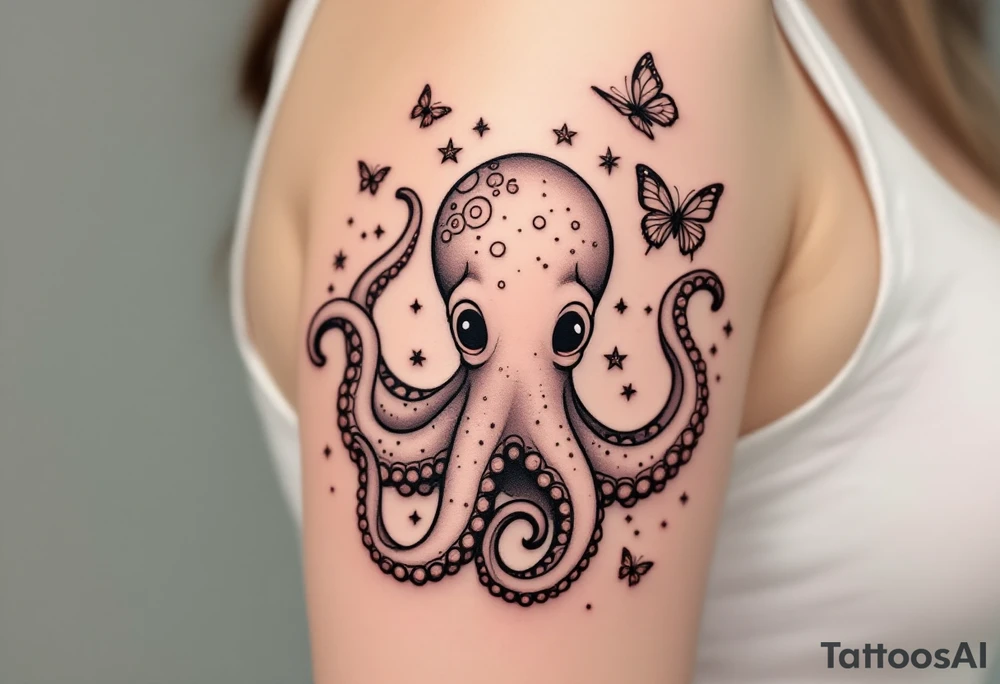 cute octopus, friendly, surrounded by butterflies and oceanic items, brown ink tattoo idea