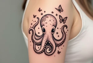 cute octopus, friendly, surrounded by butterflies and oceanic items, brown ink tattoo idea