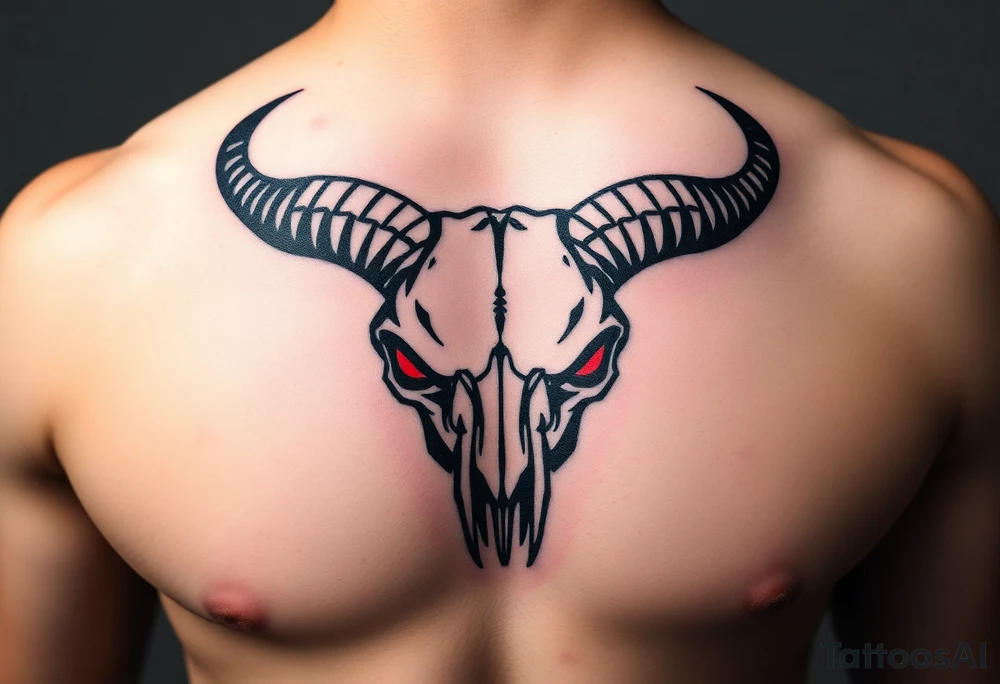 Evil Abstract looking taurus skull chest tattoo with red eyes tattoo idea