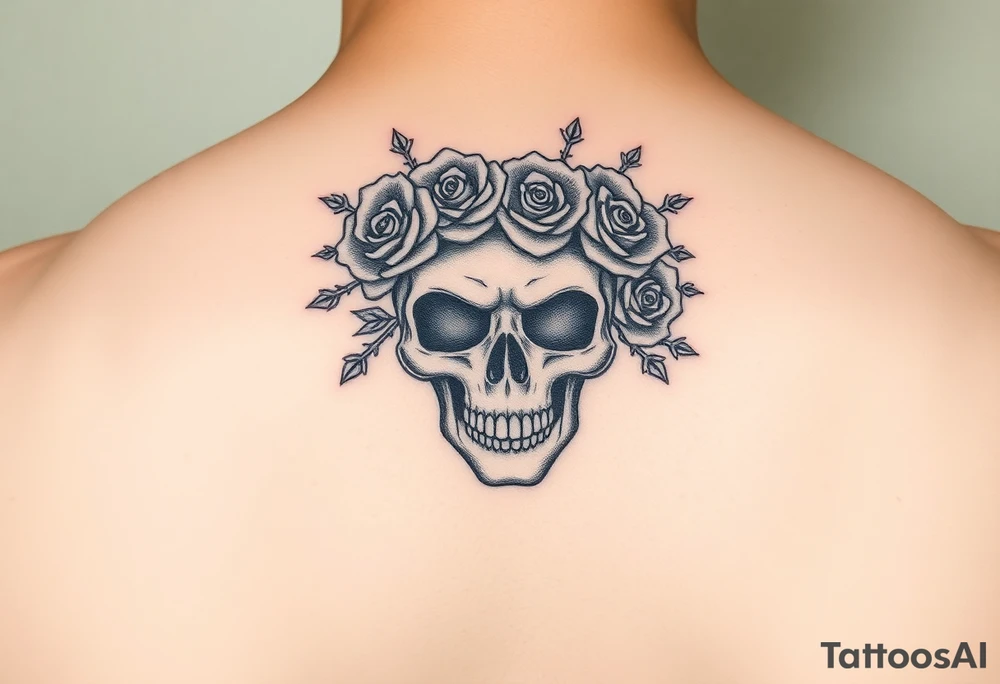ornate skull adorned with crown of wild roses and thorns tattoo idea