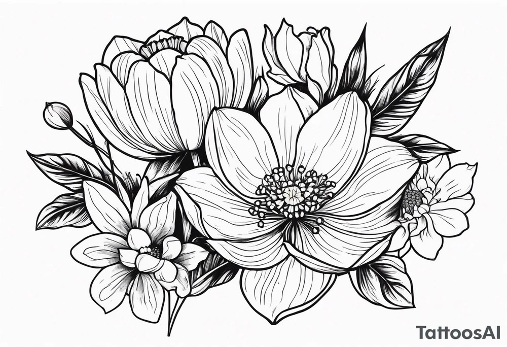 Poppy, water Lilly, Lilly of the valley, daffodil, cosmos bouquet tattoo idea