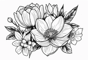 Poppy, water Lilly, Lilly of the valley, daffodil, cosmos bouquet tattoo idea
