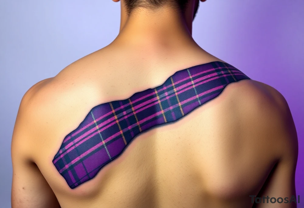 Purple tartan fabric on shoulder with skin peeling back to reveal tartan underneath tattoo idea