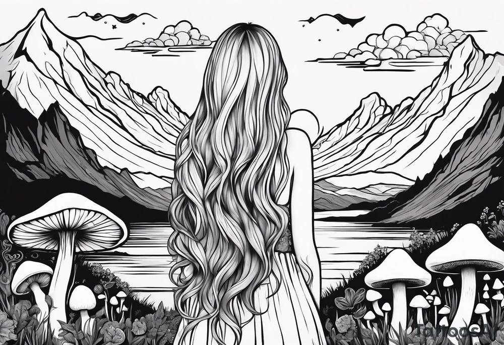 Blonde long straight hair older woman no face surrounded by mushrooms facing mountains crescent moon background tattoo idea