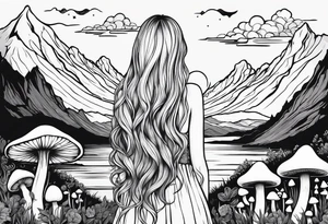 Blonde long straight hair older woman no face surrounded by mushrooms facing mountains crescent moon background tattoo idea