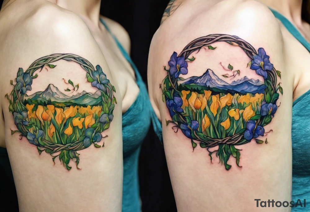 Create a small, colorful Vincent van Gogh Irises tattoo in the form of a crescent, with vines in Celtic knot style gracefully intertwining at a central point in the middle of the wreath. The intended placement is on the upper chest. The middle needs mountains. The overall design should be small in size while maintaining a delicate and artistic aesthetic. Pay attention to the graceful flow of the vines and the placement of the irises to achieve a refined and elegant look. tattoo idea