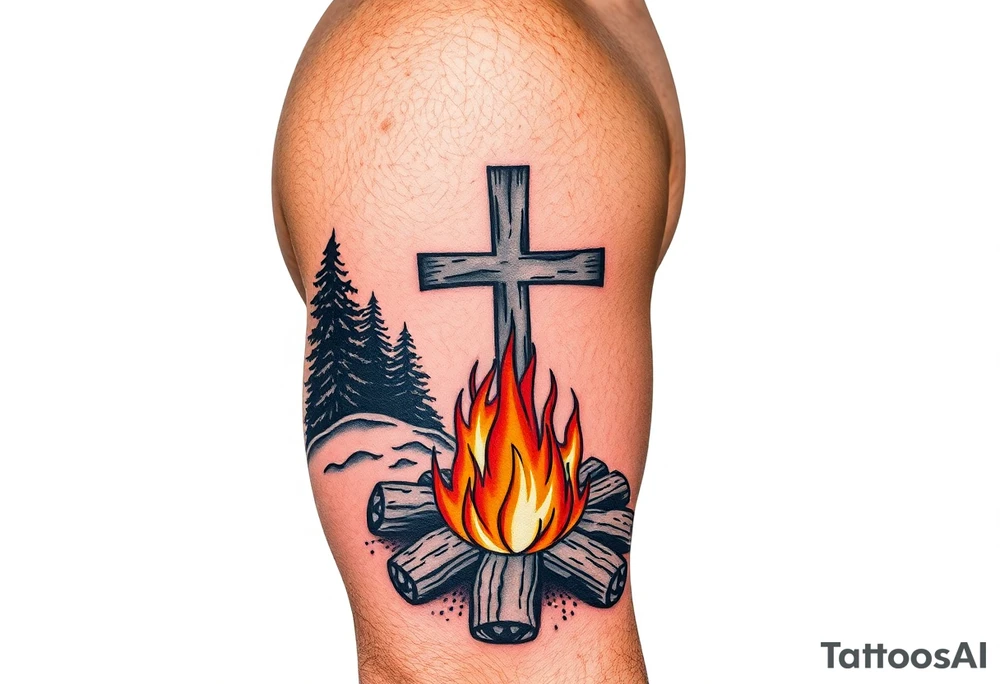 Campfire with cross include the great outdoors and night sky make sure cross doesn't look like it is on fire tattoo idea