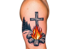 Campfire with cross include the great outdoors and night sky make sure cross doesn't look like it is on fire tattoo idea
