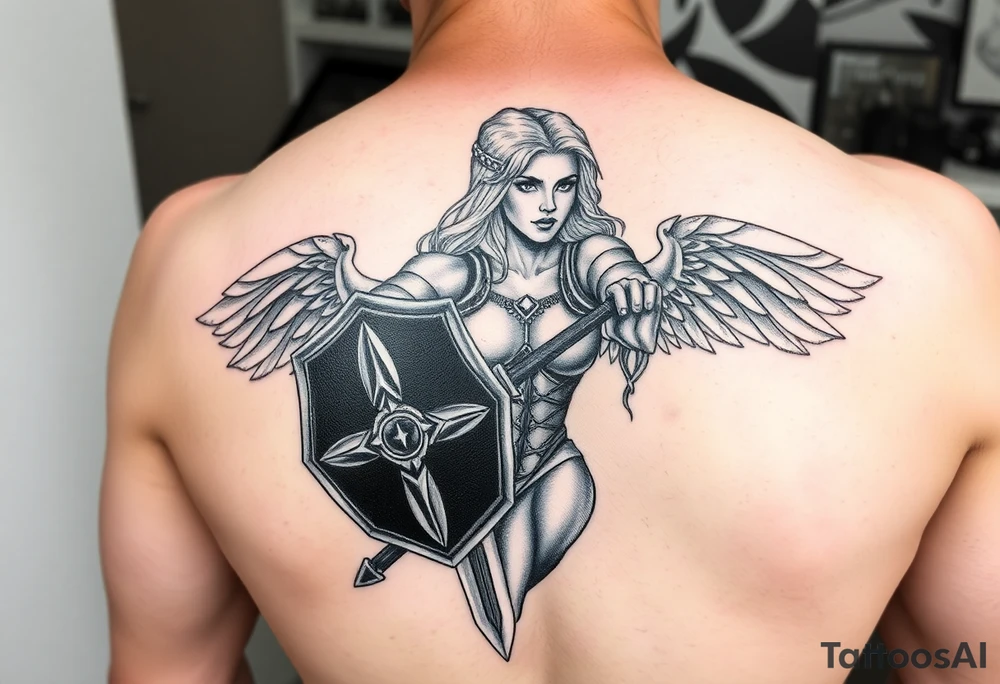 blonde valkyrie with sword and shield -- location calf -- image should show entire body of the valkyrie -- she should have large breasts and beautiful yet tough -- full color, realistic, should have breast armor, less cartoony more realistic, should -- full color-- 
 show her entire body tattoo idea