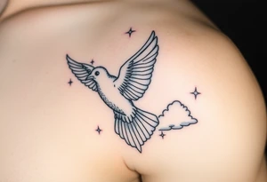 Dove and a blue jay, clouds, shining light to or from heaven tattoo idea