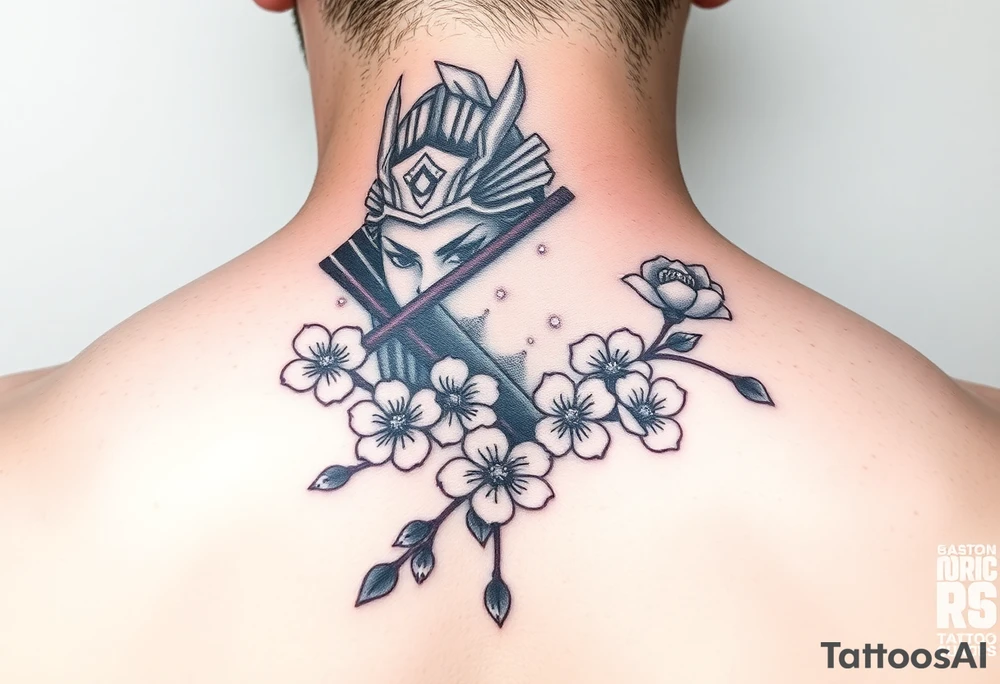 Samurai Asian face
 with a fan across her face with cherry blossom with wind tattoo idea