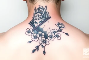 Samurai Asian face
 with a fan across her face with cherry blossom with wind tattoo idea