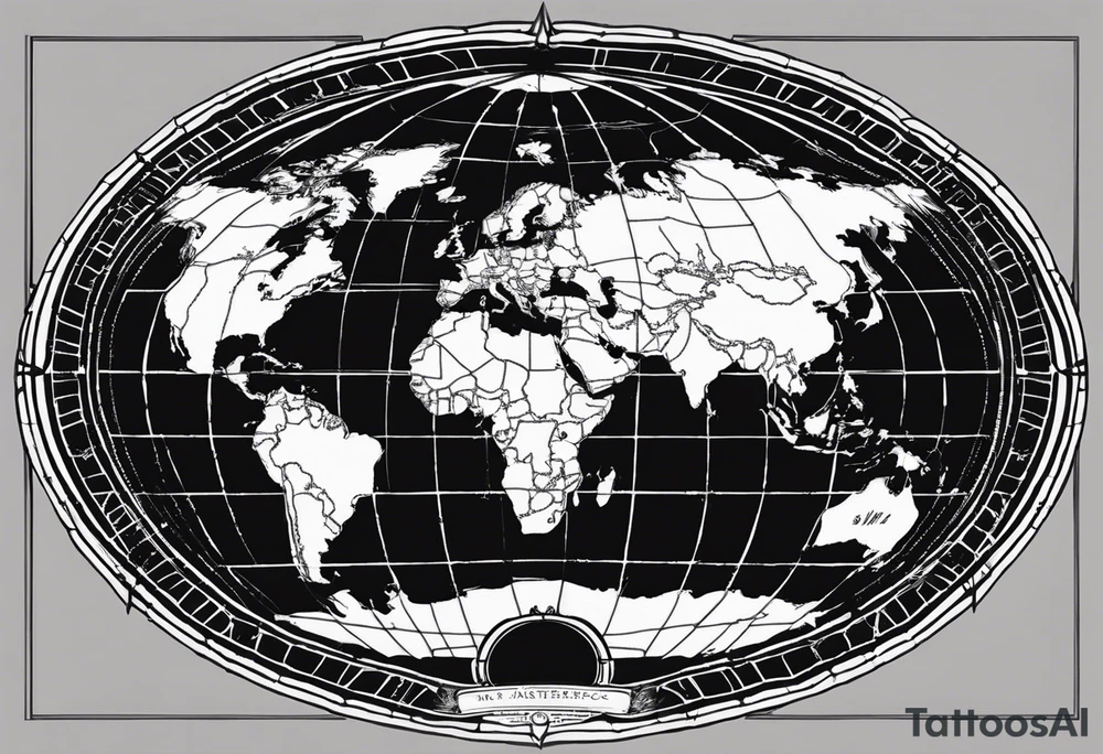 the earth on a flat map with light fading shading placed on a grid with only the lines with accurate depictions of the borders in countries while having it in an oval/circular position without any borders on the sides tattoo idea