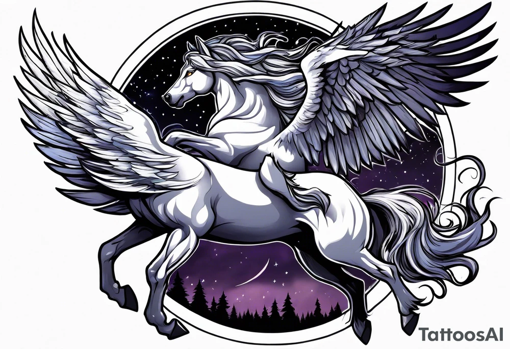 Female werewolf and Pegasus fighting in the night tattoo idea