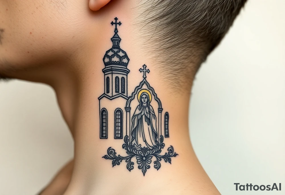 medium traditional russian orthodox church with russian coat arms and virgin mary on the side of your neck tattoo idea