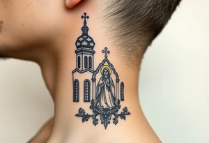medium traditional russian orthodox church with russian coat arms and virgin mary on the side of your neck tattoo idea