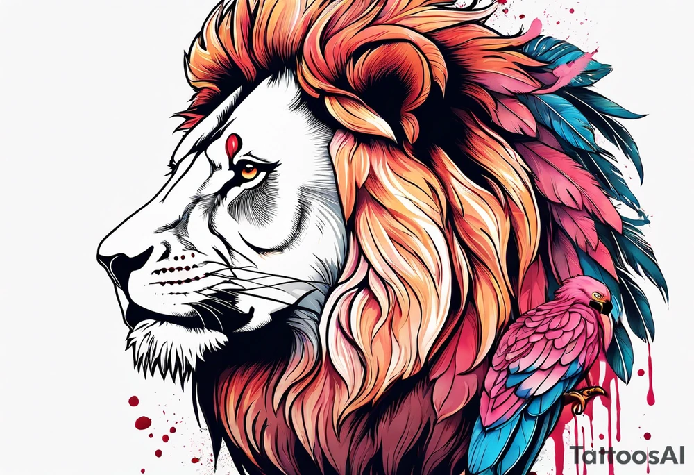 powerful majestic lion, eating a flamingo with feathers and blood and guts tattoo idea