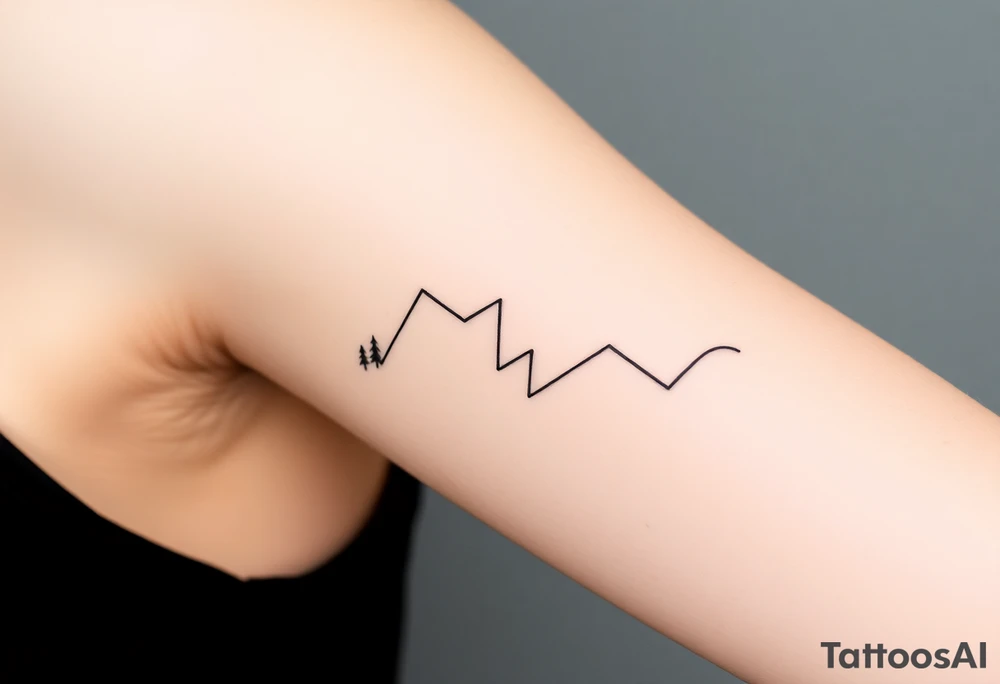 path developing zigzag and trees and mountains on on side and the other, up the arm tattoo idea