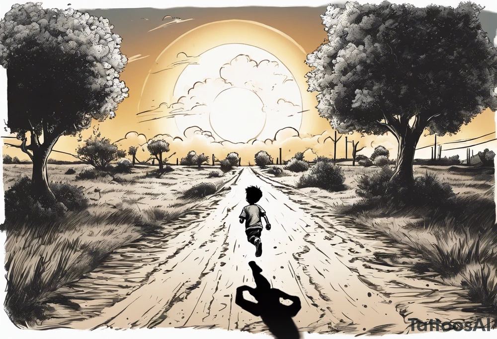 a male child running on a dirt road.
the child is running away towards a sun that is being hugged by a hammer.
on the left side of the dirt road pointing at the child ak47 and rpg.
on the right side there are trees.
under the sun clouds form the date 07.10.2023 tattoo idea